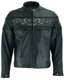 Leather biker jacket with reflective skulls front view