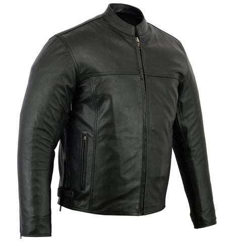 Men's leather scooter style motorcycle jacket front angle view