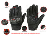 Men's leather and textile motorcycle gloves with hard knuckles features detail