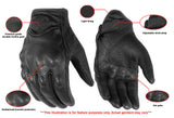 Men's sporty perforated leather motorcycle gloves with padded knuckles features detail