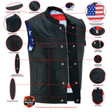 Red-stitched leather motorcycle vest with American flag lining features detail