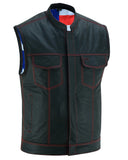 Red-stitched leather motorcycle vest with American flag lining front angle