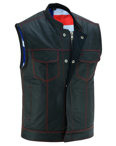 Red-stitched leather motorcycle vest with American flag lining front angle with top snaps unbuttoned