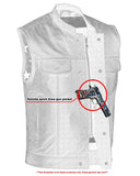 Red-stitched leather motorcycle vest with American flag lining holster detail