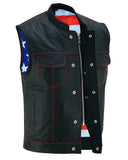 Red-stitched leather motorcycle vest with American flag lining unbuttoned