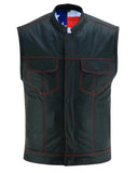 Red-stitched leather motorcycle vest with American flag lining front