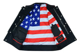 American flag lining on red-stitched leather motorcycle vest