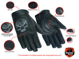 Men's leather motorcycle gloves with reflective skulls features detail