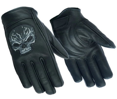 Men's leather motorcycle gloves with reflective skulls