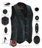 Men's side-laced leather motorcycle vest with buffalo nickel snaps features detail