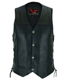 Men's side-laced leather motorcycle vest with buffalo nickel snaps front