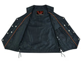 Men's side-laced leather motorcycle vest with buffalo nickel snaps inside liner