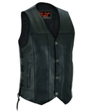 Men's side-laced leather motorcycle vest with buffalo nickel snaps front angle