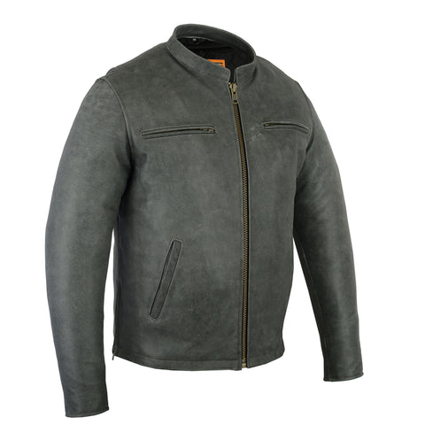 Daniel Smart Mfg. gray leather sporty motorcycle cruiser jacket front angle view