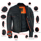 Men's sporty leather scooter style motorcycle jacket features detail