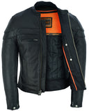 Men's sporty leather scooter style motorcycle jacket front open view