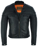 Men's sporty leather scooter style motorcycle jacket front unzipped view