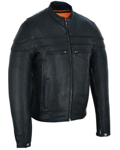 Men's sporty leather scooter style motorcycle jacket front angle view