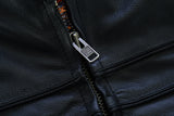 Men's sporty leather scooter style motorcycle jacket zipper detail