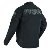 Men's textile biker jacket with reflective skulls back angle view