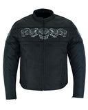 Men's textile biker jacket with reflective skulls front view