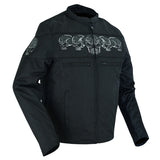 Men's textile biker jacket with reflective skulls front angle view