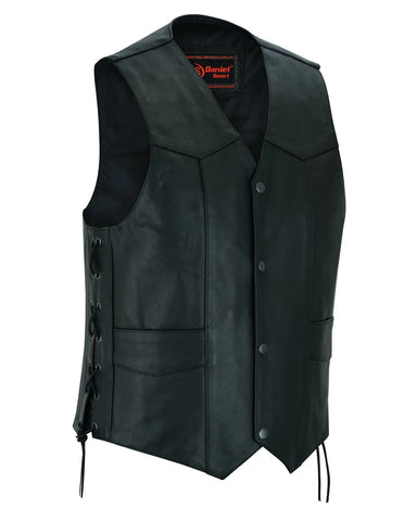 Traditional side-laced leather motorcycle vest front angle