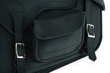 Lockable two-strap motorcycle saddlebag side pocket detail