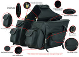 Lockable two-strap motorcycle saddlebag features detail