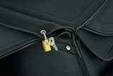 Lockable two-strap motorcycle saddlebag lock detail