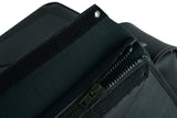 Lockable two-strap motorcycle saddlebag zipper detail