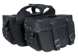 Two-strap quick release motorcycle saddlebag with stud detail angle view