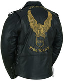 Back angle of live to rider embossed leather biker jacket with eagle