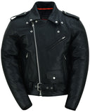 Front zipped view of live to rider embossed leather biker jacket with eagle