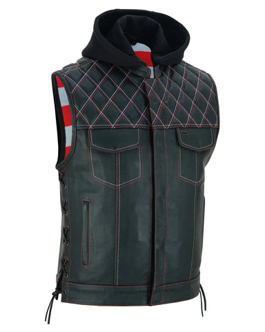 Patriotic motorcycle vest with removable hood DS194 front angle view