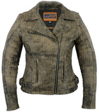 Women's antique brown leather motorcycle cruiser jacket front