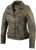 Women's antique brown leather motorcycle cruiser jacket front angle