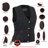 Daniel Smart Mfg. women's black denim concealed carry motorcycle vest features view