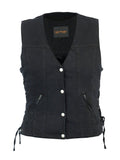 Women's black denim biker vest front