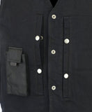 Women's black denim biker vest inside pockets detail