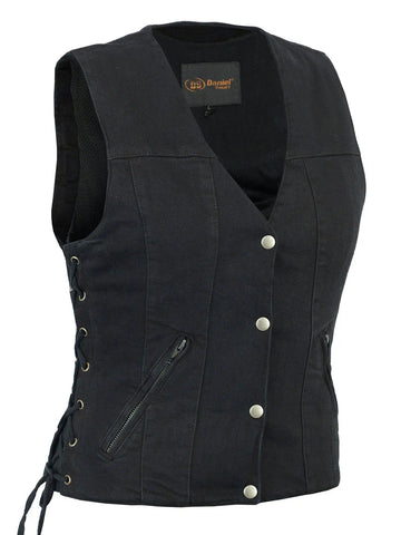 Women's black denim biker vest front angle