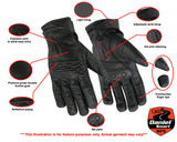 Women's black leather motorcycle gloves with pink stitching features detail