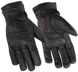 Women's black leather motorcycle gloves with pink stitching front and back