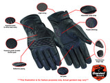 Features on women's black leather motorcycle gloves with purple stitching