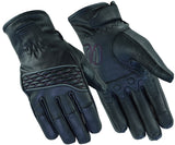 Women's black leather motorcycle gloves with purple stitching