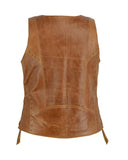 Daniel Smart Mfg. women's brown leather motorcycle vest with lacing detail back view