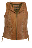 Daniel Smart Mfg. women's brown leather motorcycle vest with lacing detail front view