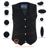 Women's classic black denim biker vest features detail