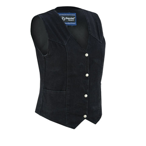 Women's classic black denim biker vest front angle