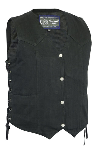 Daniel Smart Mfg. women's classic black denim motorcycle vest with side laces front angle view
